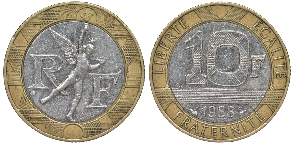 Франция 10 франков 1988 тип Гений Бастилии KM 964.1, Le Frank 375.2 биметалл 45-527