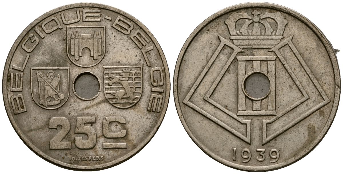 Бельгия 25 сантимов 1939 Belgique - Belgie KM 114 никель латунь 4382-116