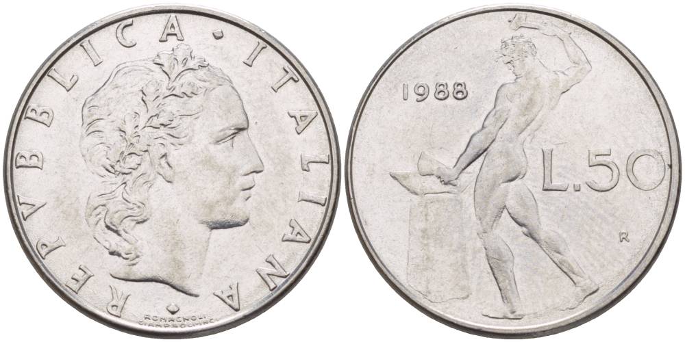 ИТАЛИЯ 50 ЛИР 1988 R, БОГ ОГНЯ ВУЛКАН У НАКОВАЛЬНИ KM 95.1 нержавеющая сталь 4551-421
