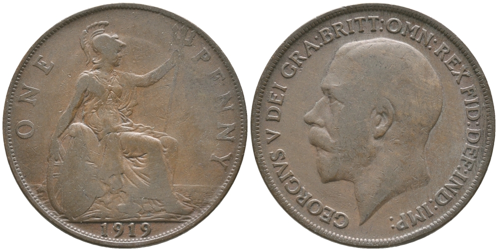 Великобритания 1 пенни 1919 Георг V (1910-1936) KM 810, Spink 4051 бронза 32-515