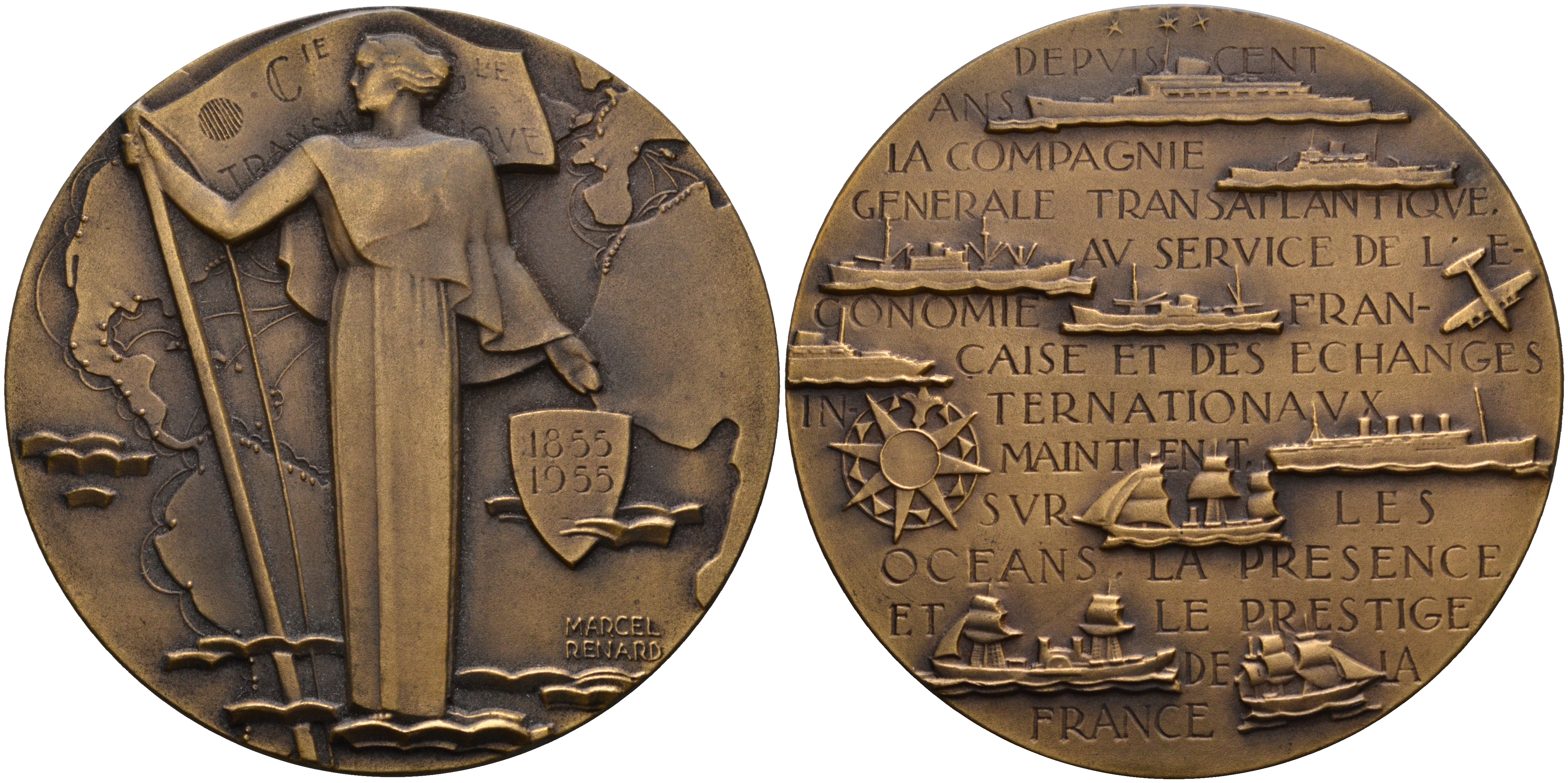Франция медаль 1955 100 лет трансатлантическому пути, корабли, самолеты, диаметр 68 мм. вес 130,8 гр.  бронза 00-00-00