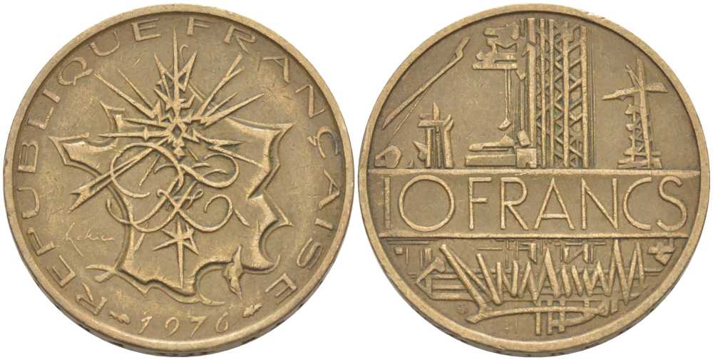 Франция 10 франков 1976 тип Матье KM 940, Le Franc 365.7-8 никель латунь 111-944