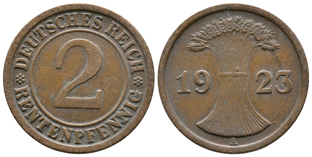 Германия 2 рентенпфеннига 1923 A KM 31, J. 307 бронза 4681-127