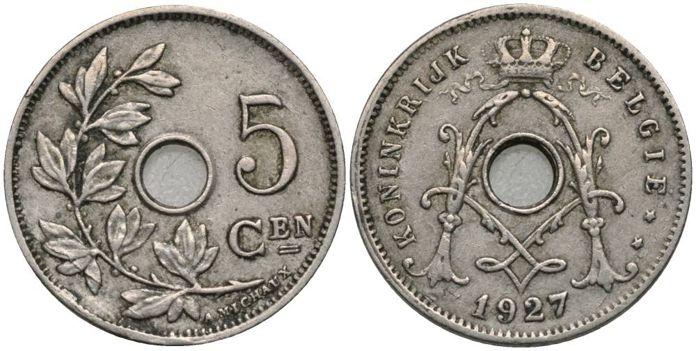 БЕЛЬГИЯ 5 САНТИМОВ 1927 BELGIE, АЛЬБЕРТ I (1909-1934) KM 67 медно-никель 27-113