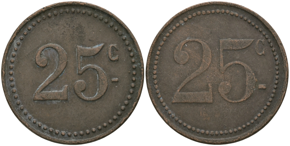 ФРАНЦИЯ 25 САНТИМОВ ND ПЛАТЕЖНЫЙ ЖЕТОН НАЧАЛА XX ВЕКА, ДВУСТОРОННИЙ ЧЕКАН, ЦИФРЫ НОМИНАЛА НА АВЕРСЕ И РЕВЕРСЕ РАЗНОЙ ВЫСОТЫ, ДИАМЕТР 24 ММ. медь 98-935