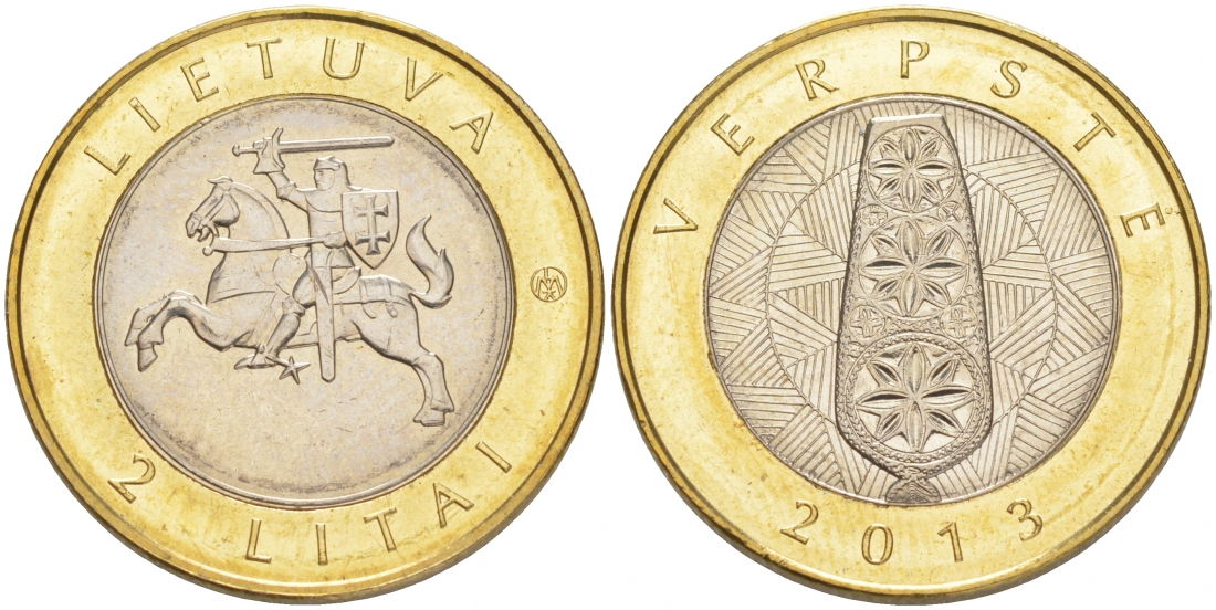 Литва 2 лита 2013 серия создано человеком и природой, прялка, Verpste KM 187 биметалл UNC M38-06