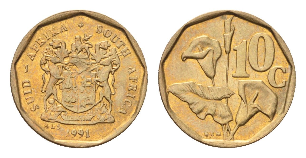 ЮАР 10 центов 1991 герб, цветок алоэ KM 135 сталь плакированная бронзой UNC 4694-641