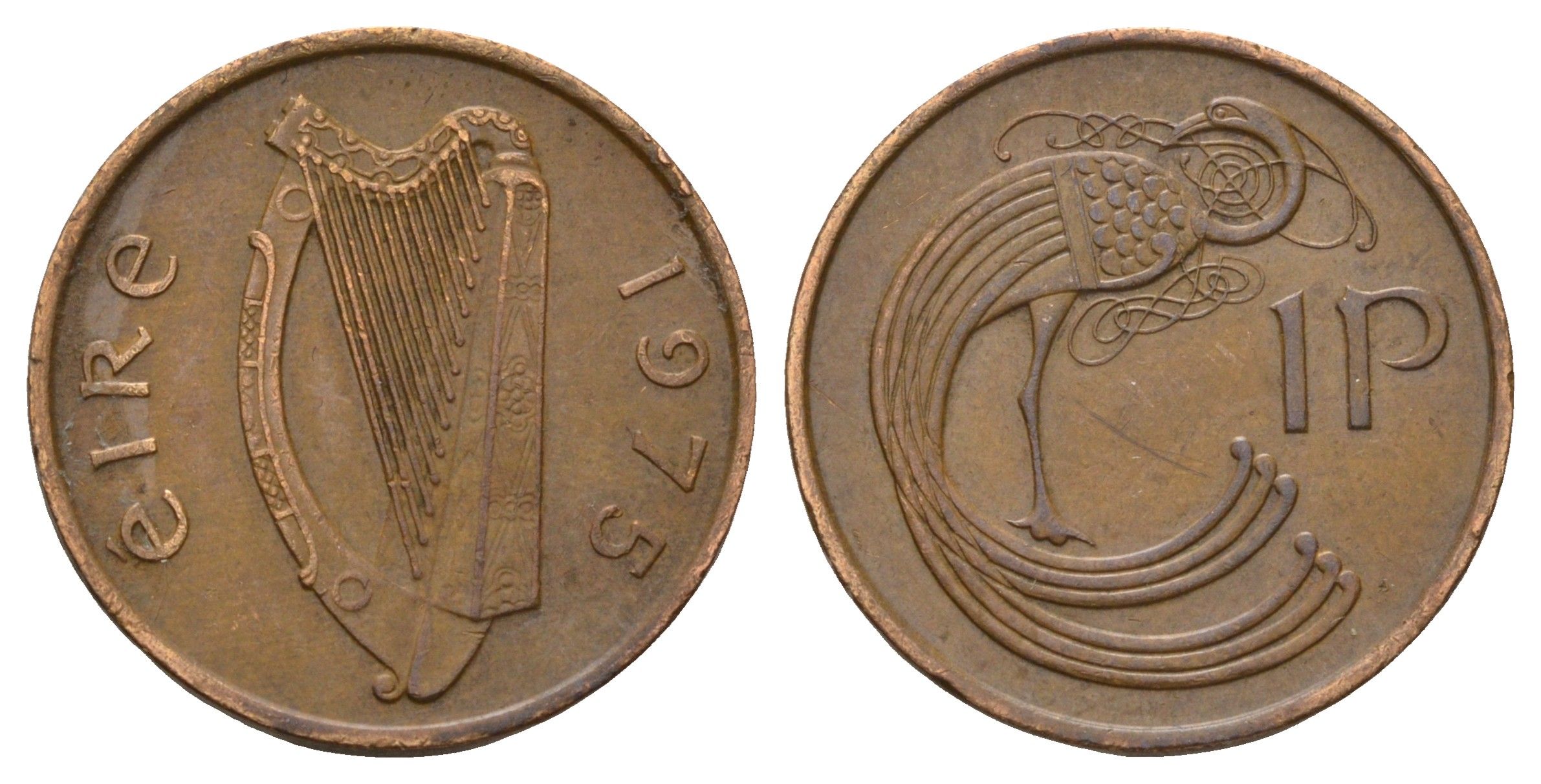 Ирландия 1 пенни 1975 мифологическая птица лира KM 20 бронза 4682-531