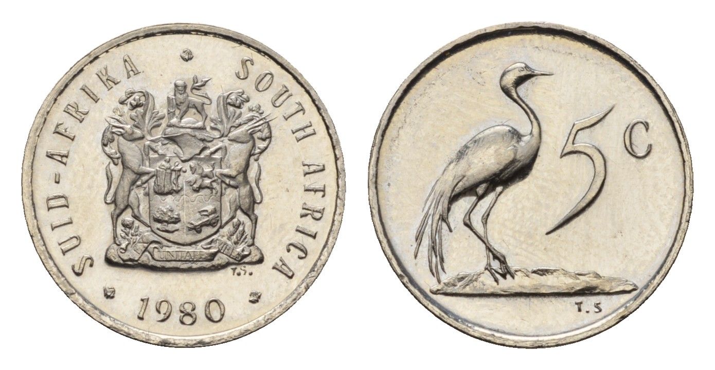 ЮАР 5 центов 1980 герб, райский журавль KM 84 никель PROOF 4690-967