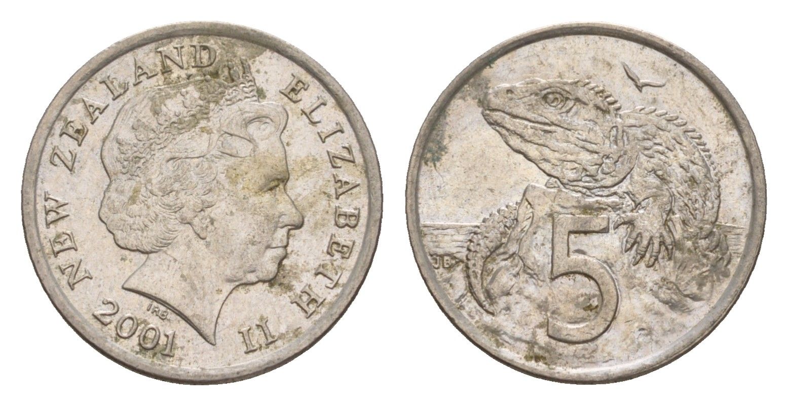 Новая Зеландия 5 центов 2001 Елизавета II (1952-2022), ящерица гаттерия KM 116 медно-никель 4588-314