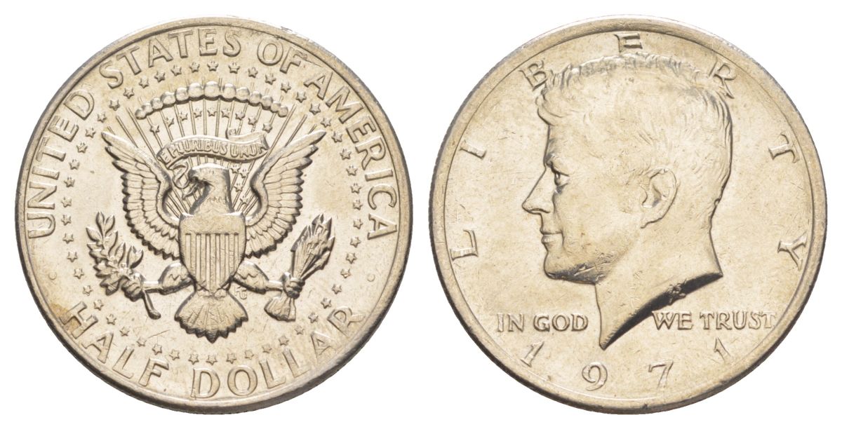 США 1/2 доллара (50 центов) 1971 Джон Кеннеди KM 202b медь плакированная медно-никелем aUNC 4131-741