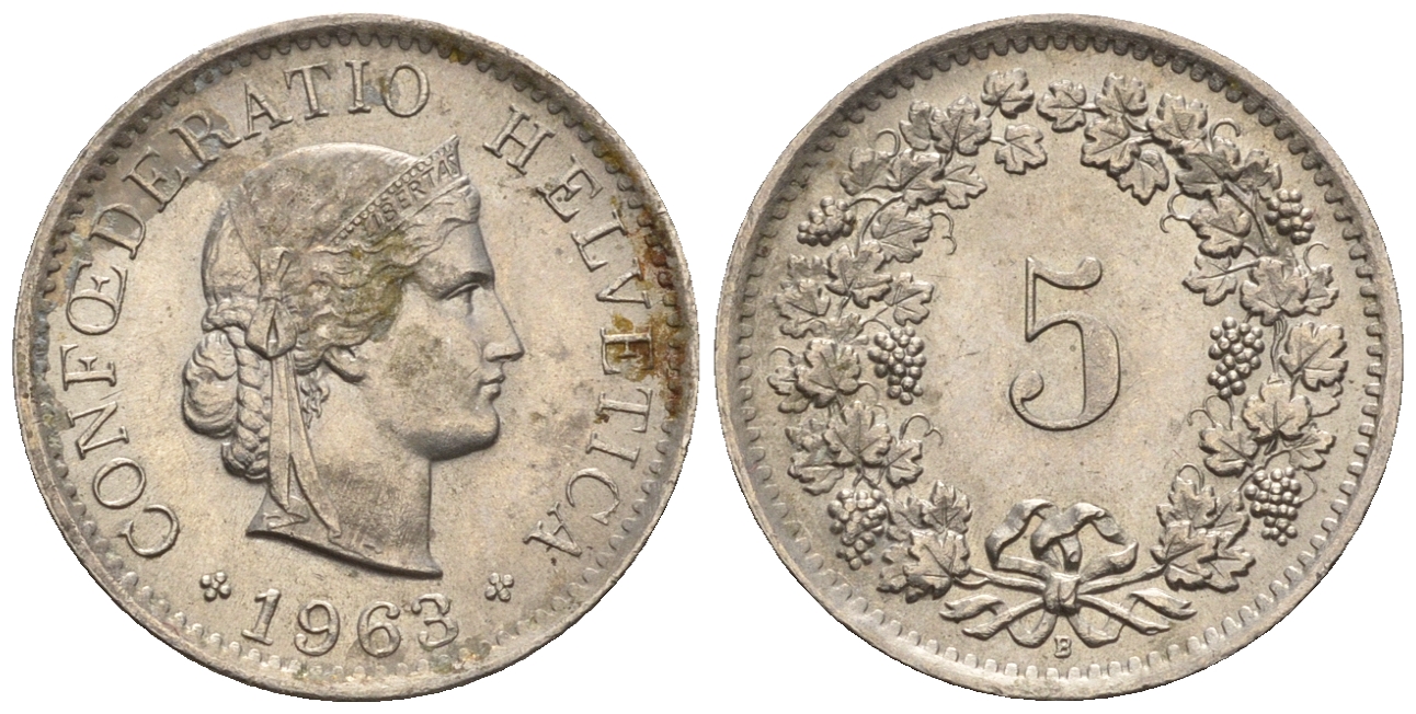 Швейцария 5 раппенов 1963 B KM 26 медно-никель 4609-1015