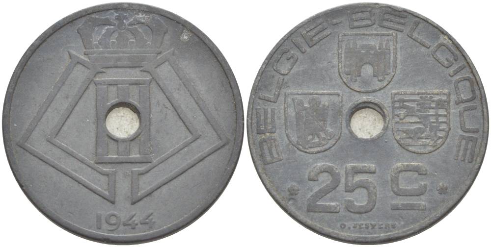 БЕЛЬГИЯ 25 САНТИМОВ 1944 BELGIE-BELGIQUE, ГЕРМАНСКАЯ ОККУПАЦИЯ, ВТОРАЯ МИРОВАЯ ВОЙНА KM 132 цинк 4546-212