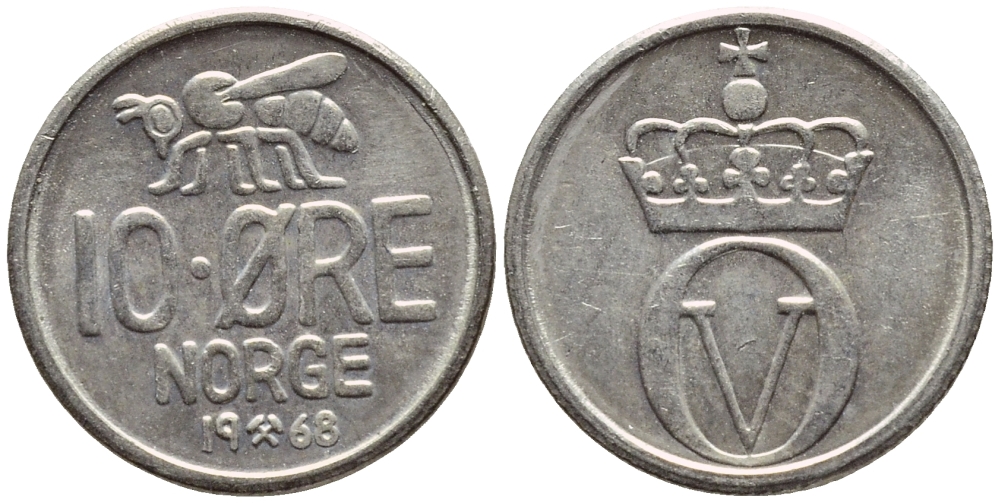 Норвегия 10 эре 1968 пчела, Улаф V (1958-1991) KM 411 медно-никель 4396-417