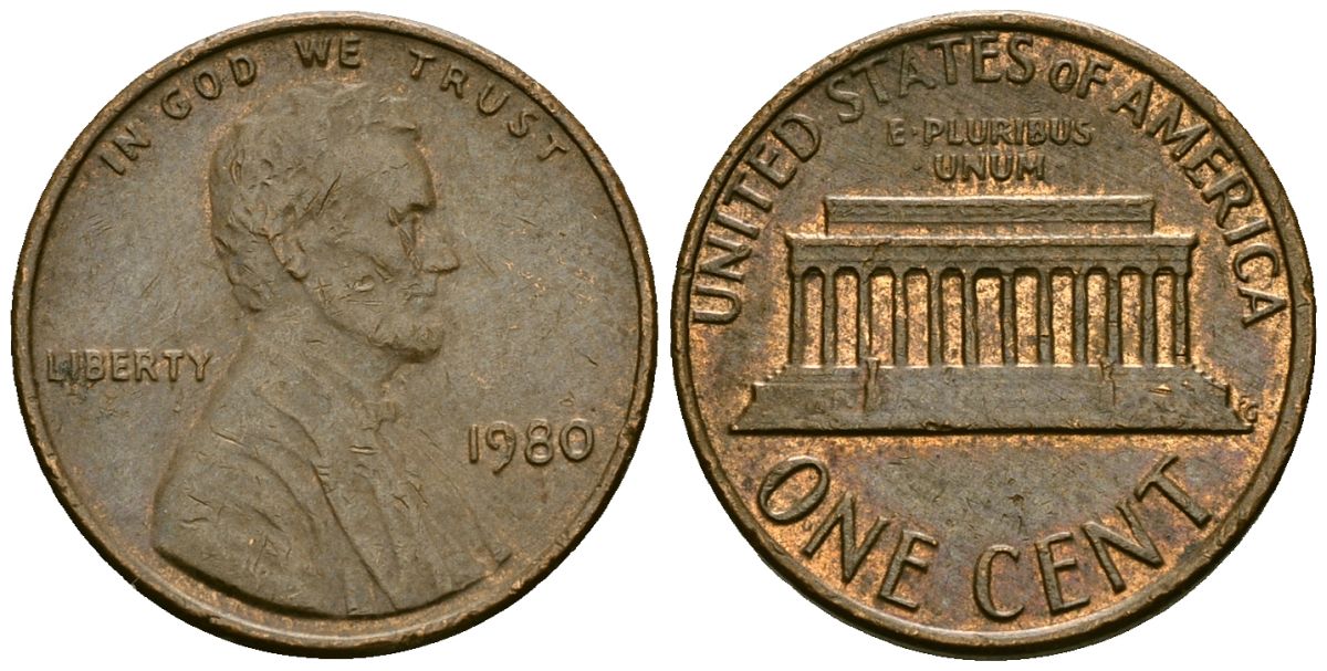США 1 цент 1980 Авраам Линкольн KM 201 медь цинк 4136-165