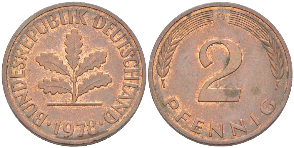 ФРГ 2 ПФЕННИГА 1978 G KM 106а, J. 381а сталь плакированная сталь плакированная медьюю 4181-828