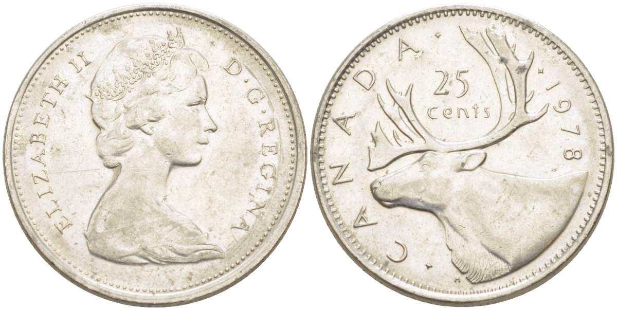 КАНАДА 25 ЦЕНТОВ 1978 ЕЛИЗАВЕТА II (1952-), ОЛЕНЬ KM 62b никель 4525-535