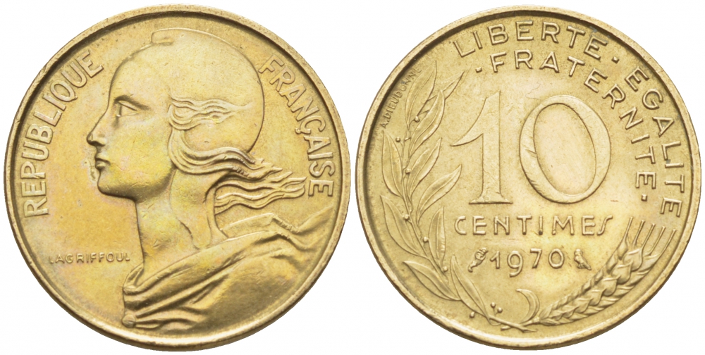 ФРАНЦИЯ 10 САНТИМОВ 1970 ТИП MARIANNE KM 929 медь алюминий никель 112-543