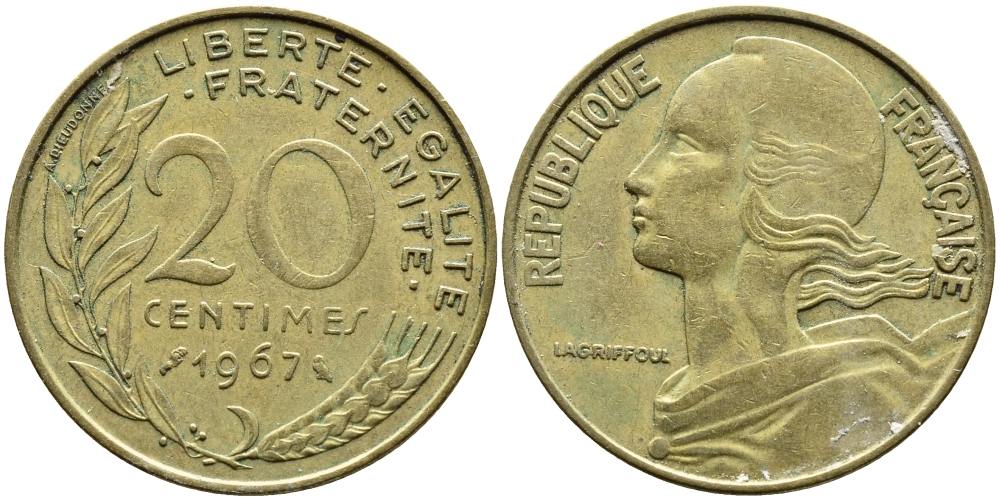 ФРАНЦИЯ 20 САНТИМОВ 1967 KM 930 медь алюминий никель 4393-157