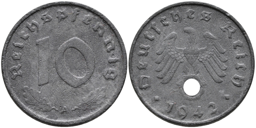 ГЕРМАНИЯ 10 РЕЙХСПФЕННИГОВ 1942 A KM 101, J.371 цинк 95-812