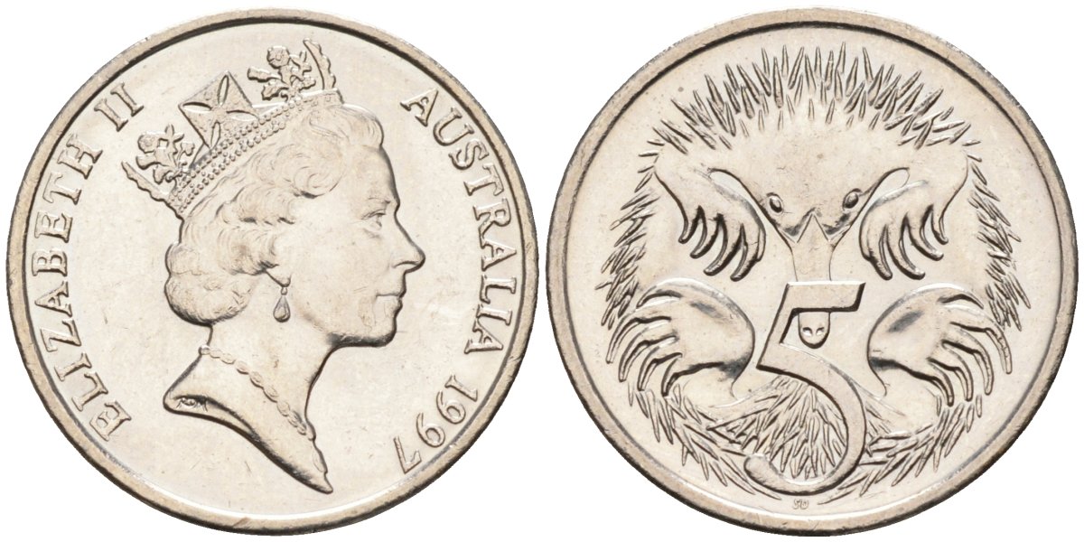 Австралия 5 центов 1997 Елизавета II (1952-2022), ехидна KM 80 медно-никель 4580-326