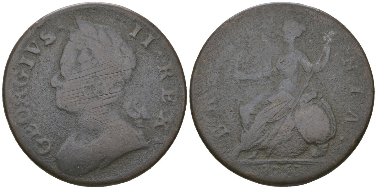 Великобритания 1/2 пенни 1753 Георг II (1727-1760) KM 579.2, Spink 3719 медь 4590-721