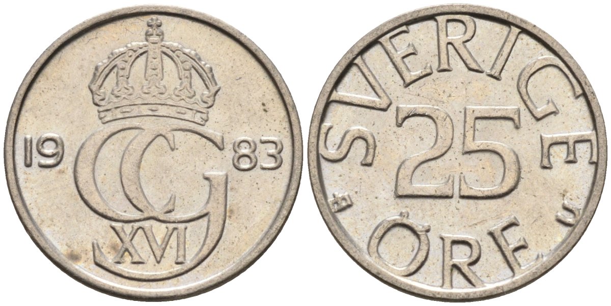 Швеция 25 эре 1983 Карл XVI Густав (1973- ) KM 851 медно-никель UNC 4585-526