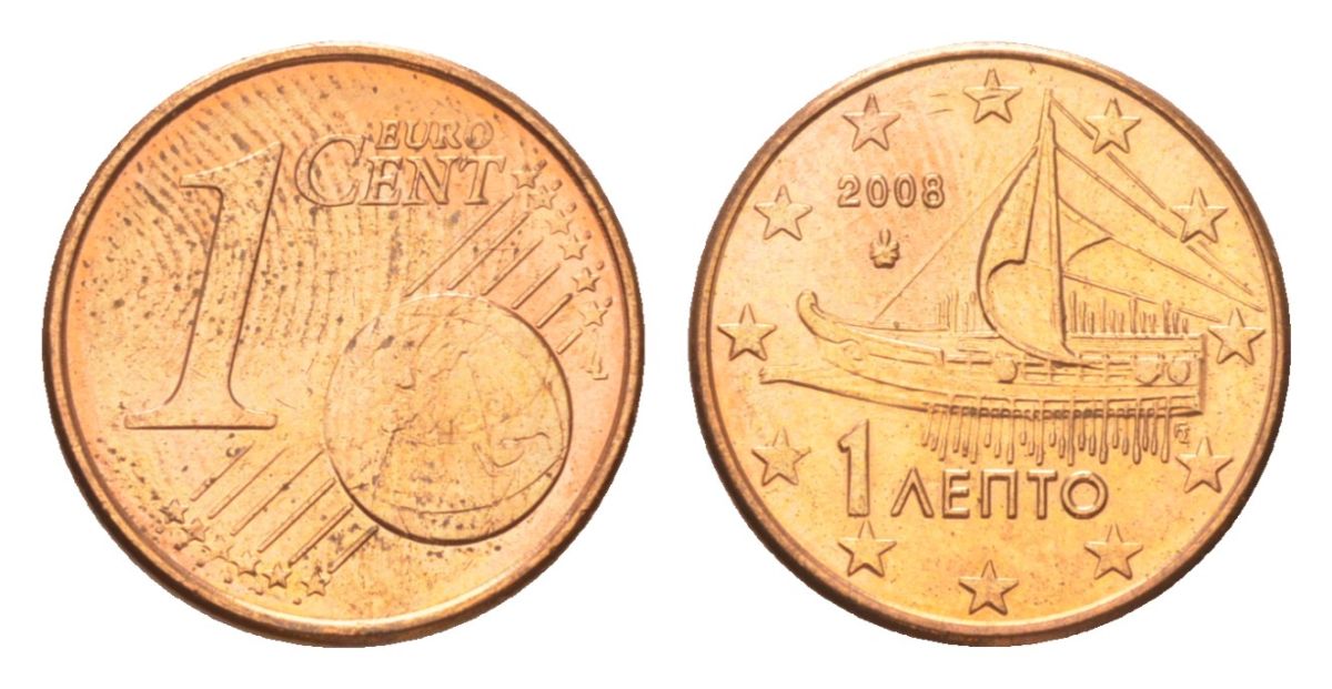 Греция 1 евроцент 2008 KM 181 сталь плакированная медью aUNC 4627-1128
