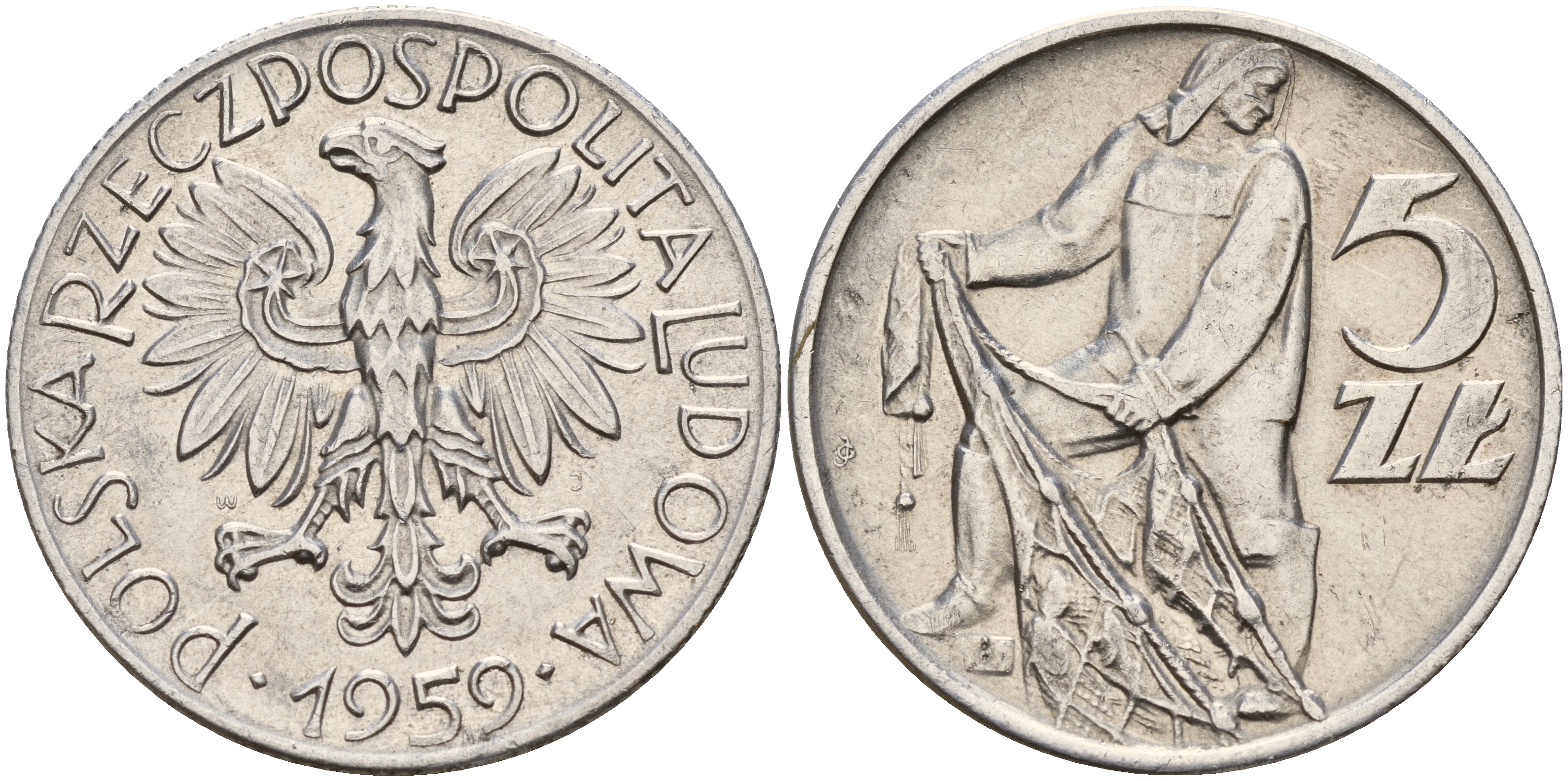 Польша 5 злотых 1959 MW, рыбак KM 47 алюминий  4157-913