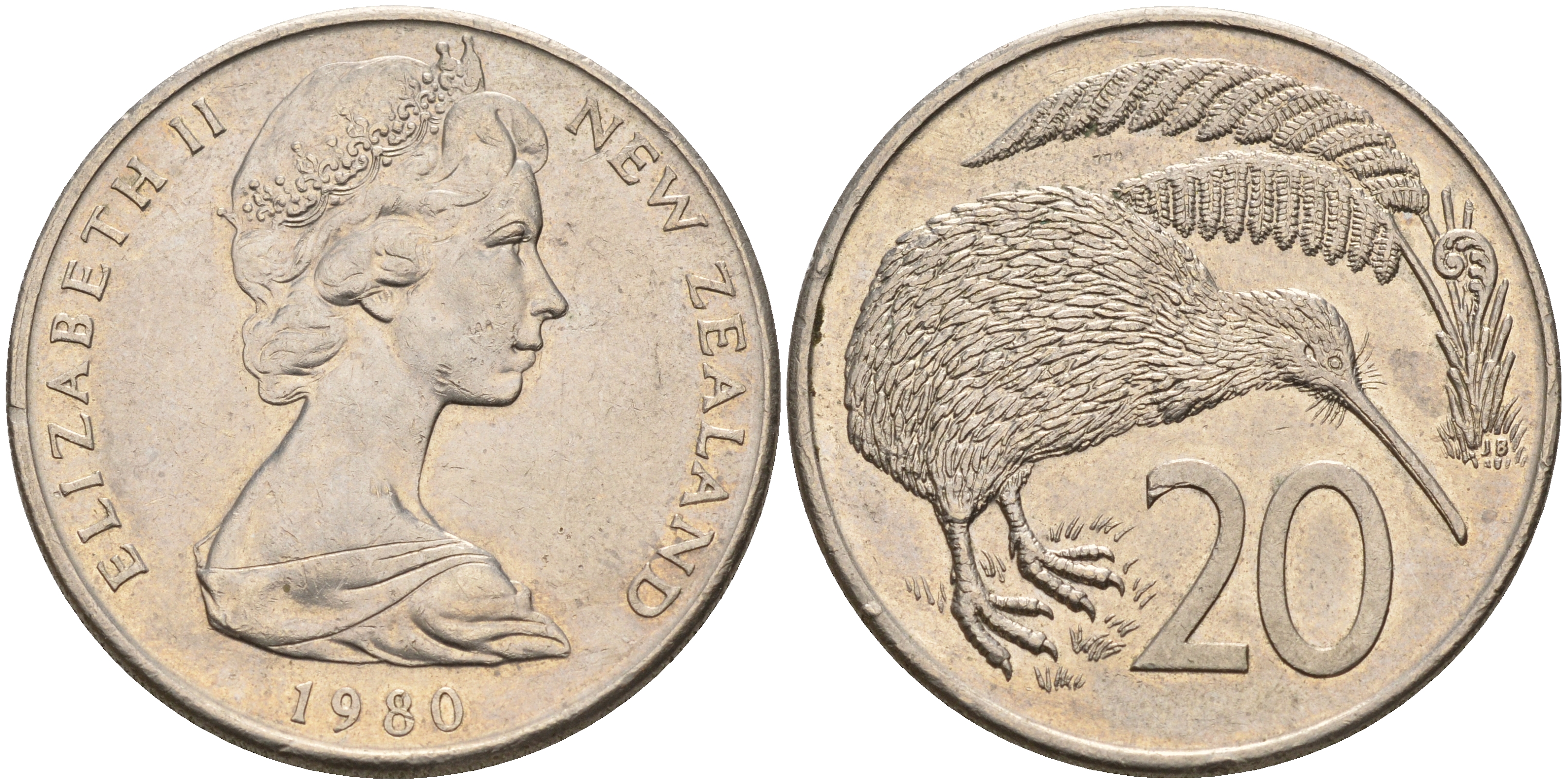 Новая Зеландия 20 центов 1980 Елизавета II (1952-2022), птичка киви KM 36.1 медно-никель  4599-1043