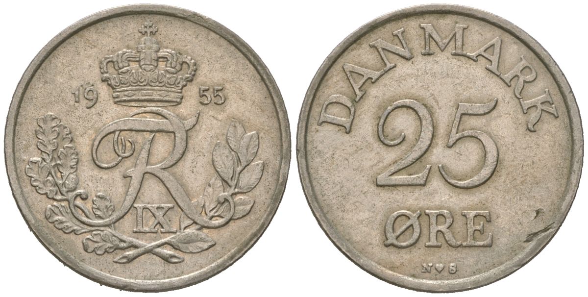 Дания 25 эре 1955 N; S, Фредерик IX (1947-1972) KM 842.1 медно-никель 213-855