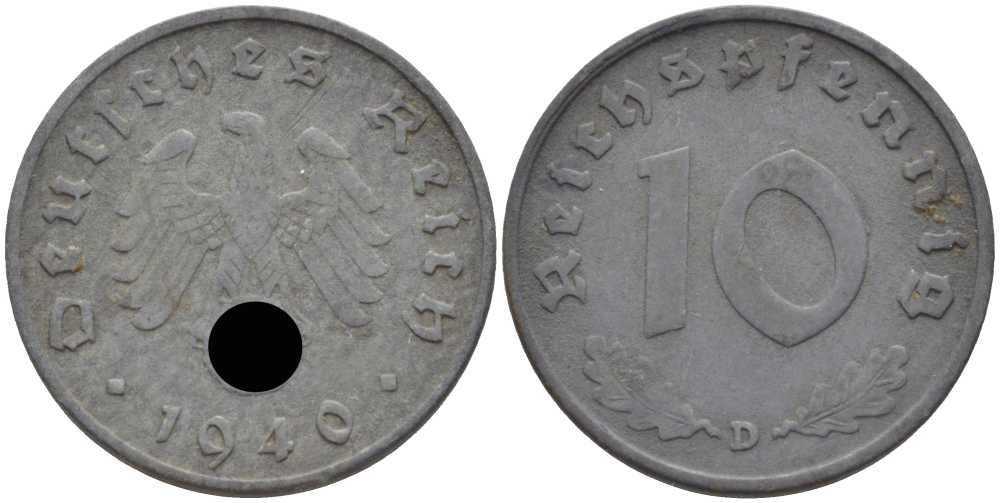 ГЕРМАНИЯ 10 РЕЙХСПФЕННИГОВ 1940 D KM 101, J. 371 цинк 4401-841