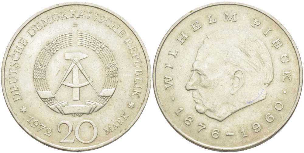 ГДР 20 марок 1972 А, Вильгельм Пик (1876-1960) KM 42 медно-никель 4521-513