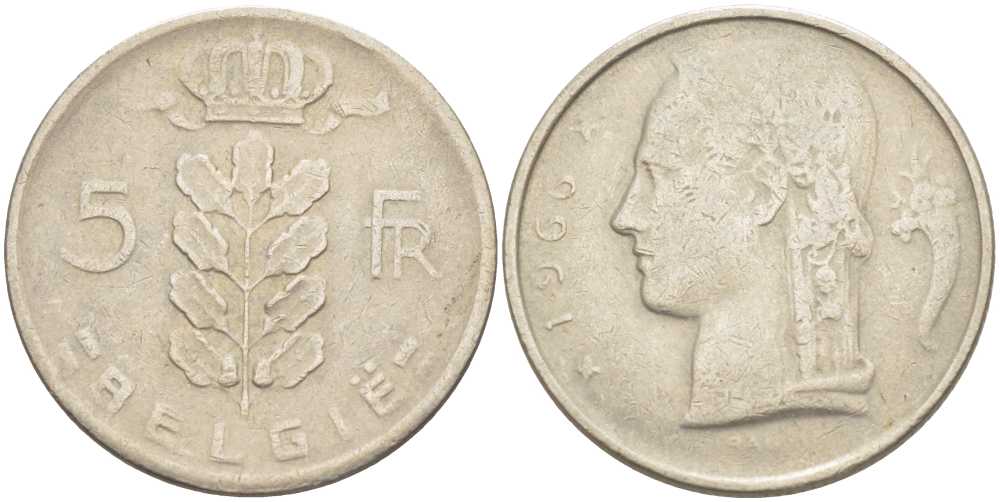 БЕЛЬГИЯ 5 ФРАНКОВ 1966 BELGIE, БОДУЭН I (1951-1993) KM 135.1 медно-никель 213-421