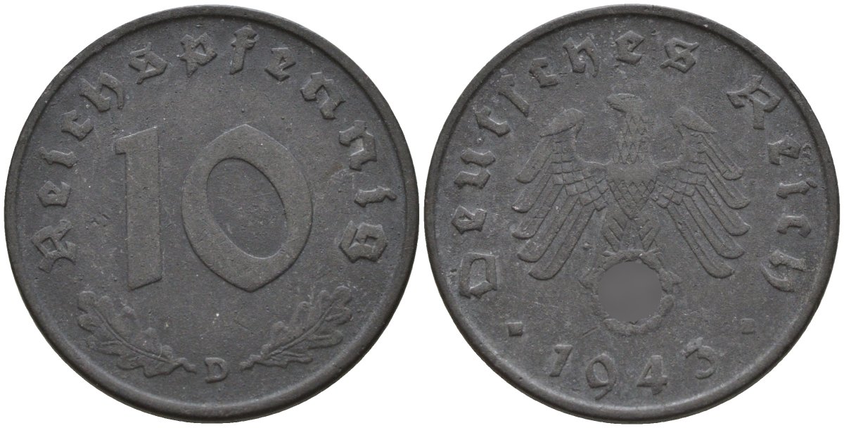 Германия 10 рейхспфеннигов 1943 D KM 101, J.371 цинк 4151-246