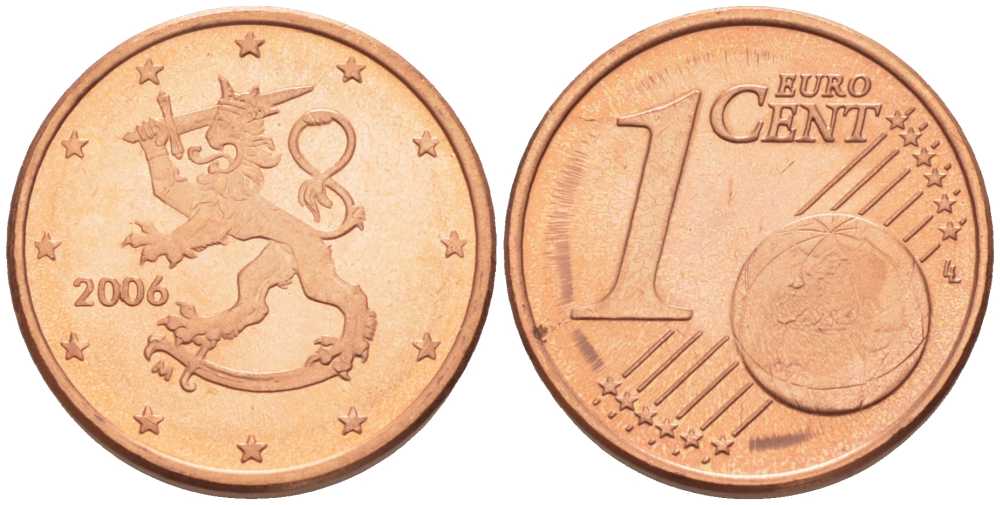 ФИНЛЯНДИЯ 1 ЕВРОЦЕНТ 2006 M KM 98 сталь плакированная медью UNC 214-267