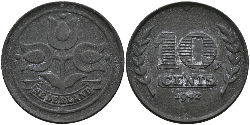 НИДЕРЛАНДЫ 10 ЦЕНТОВ 1942 ВИЛЬГЕЛЬМИНА (1890-1948) KM 173 цинк 94-554
