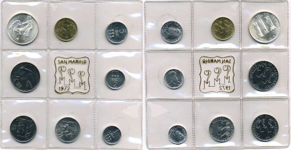 Сан-Марино годовой набор из 8 монет 1972 1, 2, 5, 10, 20, 50, 100 и 500 лир мать поднимает ребенка в воздух KM 14-21, в оригинальной пластиковой запайке серебро KM MS1 серебро UNC 5-4-3-59