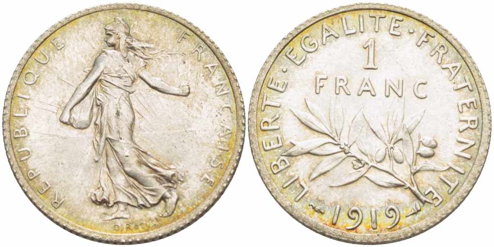 ФРАНЦИЯ 1 ФРАНК 1919 СЕЯТЕЛЬ KM 844.1, LE FRANC 217.25 серебро 4390-827