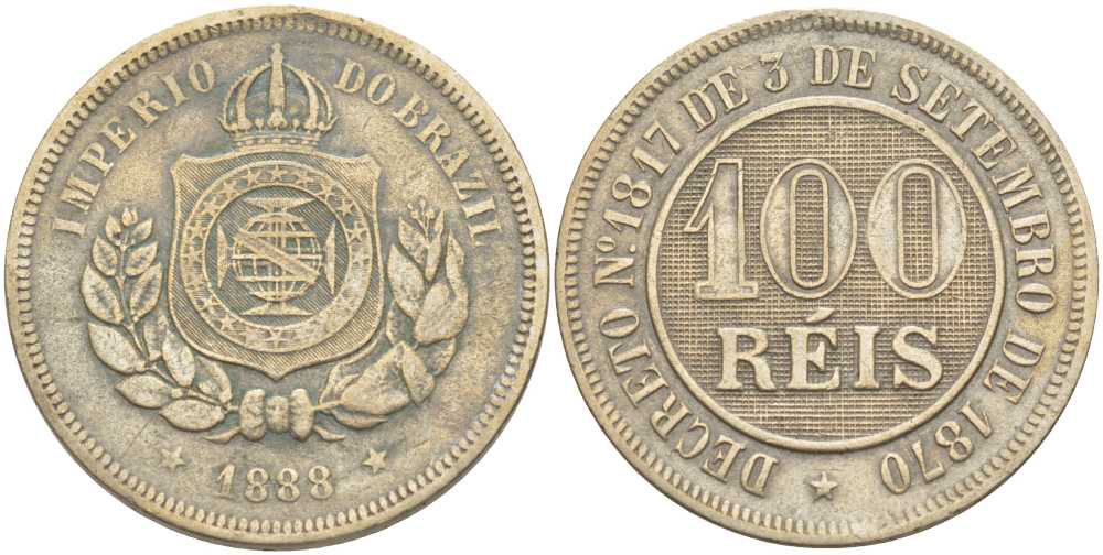 БРАЗИЛИЯ 100 РЕЙС 1888 ПЕДРО II (1831-1889) KM 483 медно-никель 1515-124