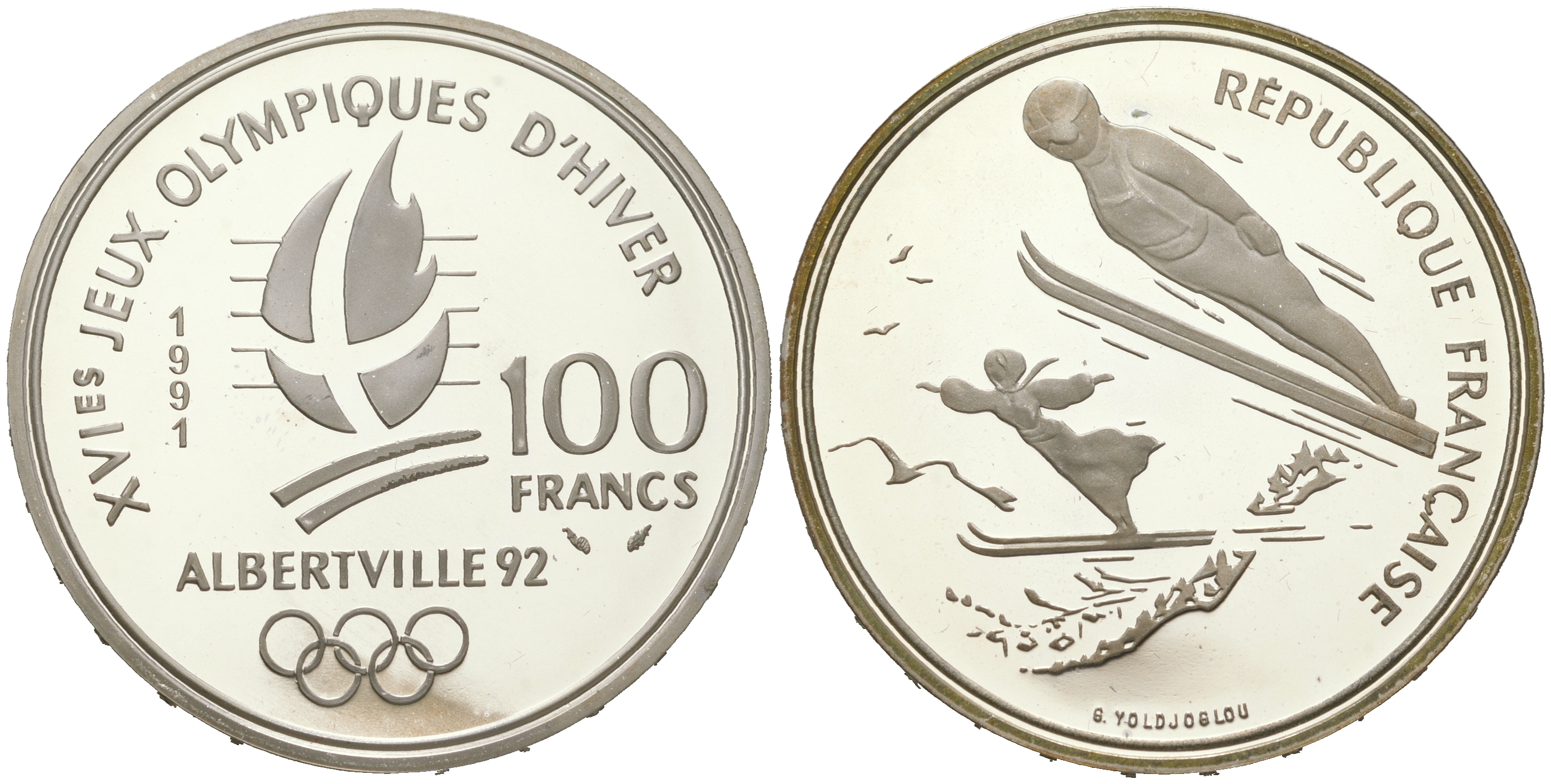 Франция 100 франков 1991 XVI Зимние Олимпийские игры 1992 в Альбервиле, прыжки с трамплина KM 995 серебро  PROOF  11-082-42