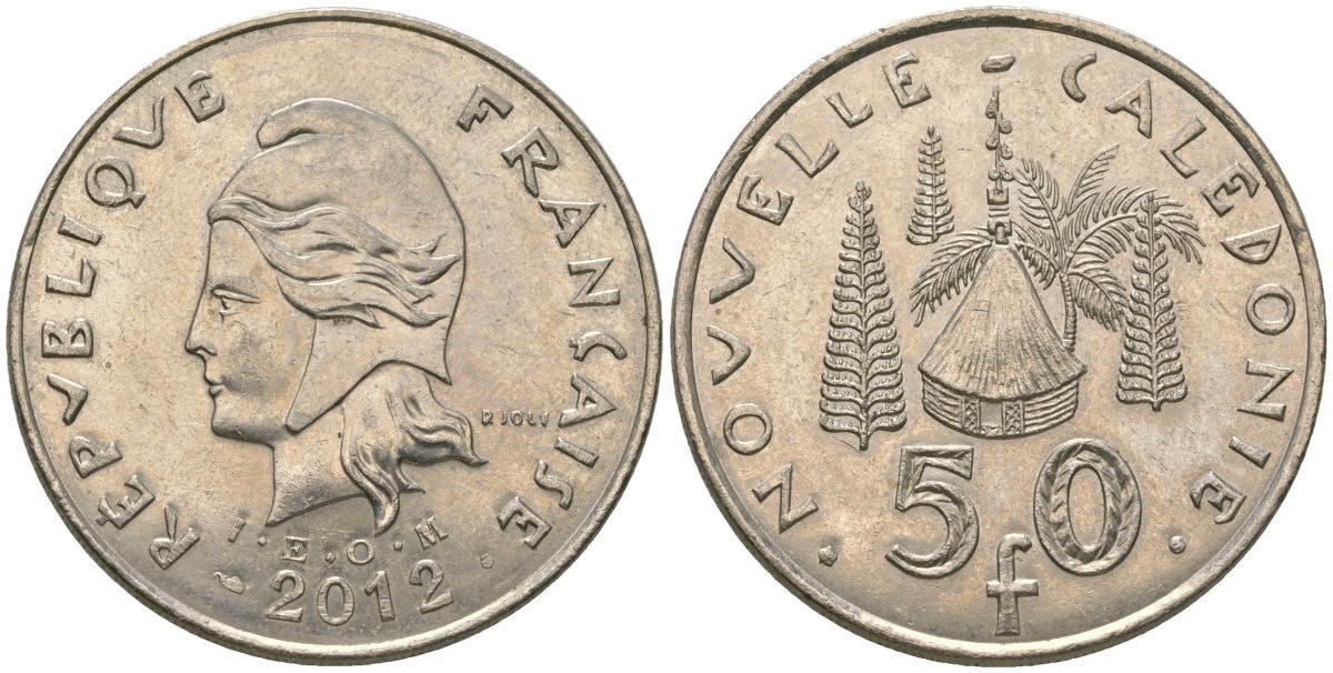 Французская Новая Каледония 50 франков 2012 хижина среди сосен и пальм, (IEOM) KM 13a, Schoen 15a, Lec 128i медно-никель 115-1045