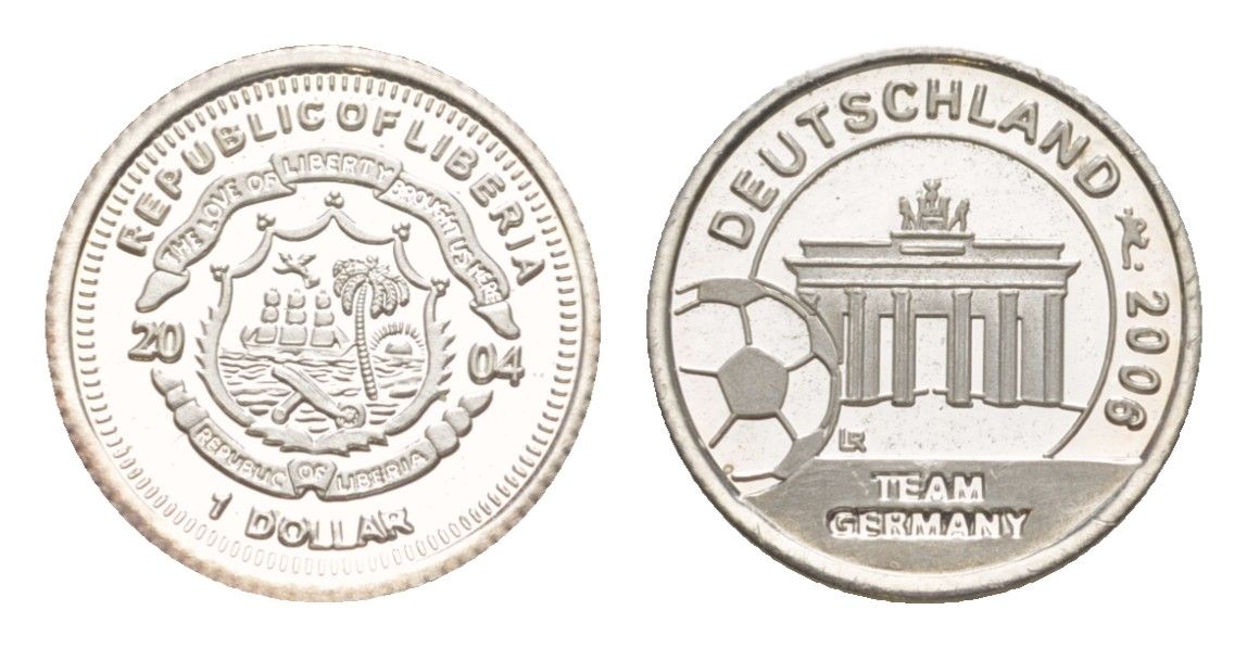 Либерия 1 доллар 2004 Чемпионат мира по футболу 2006 - Сборная Германии, тираж 1.000 экземпляров, вес 1,2 гр Sch?n 2016 серебро PROOF 1521-413