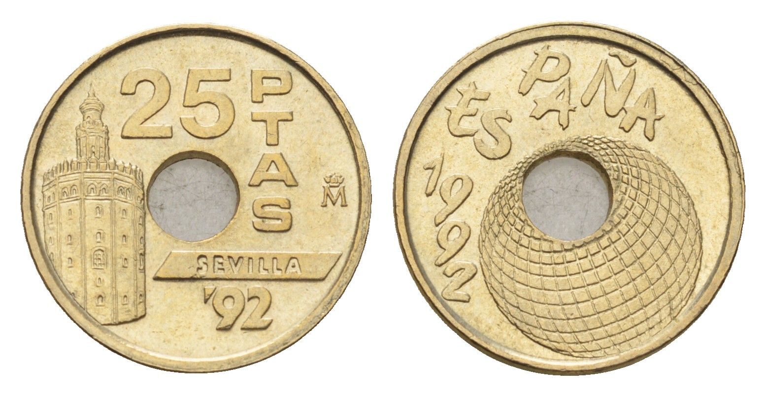 Испания 25 песет 1992 Expo'92 Sevilla, Глобус KM 905 алюминиевая бронза 4684-1265