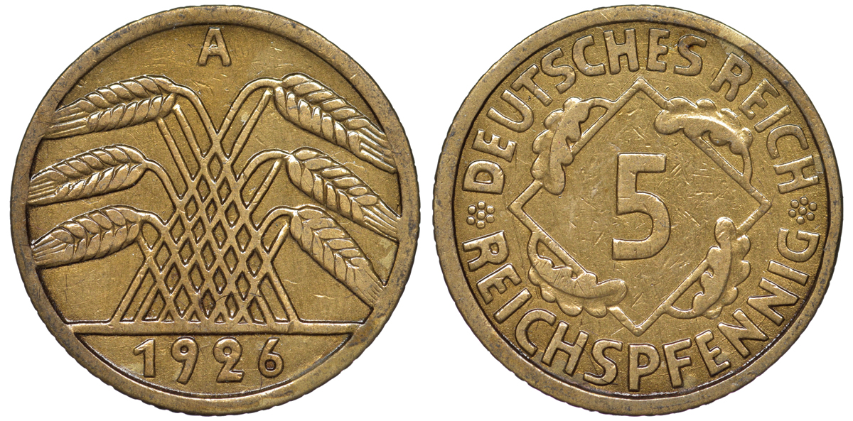 Германия 5 рейхспфеннигов 1926 A KM 39, J. 316 алюминиевая бронза 4602-1242