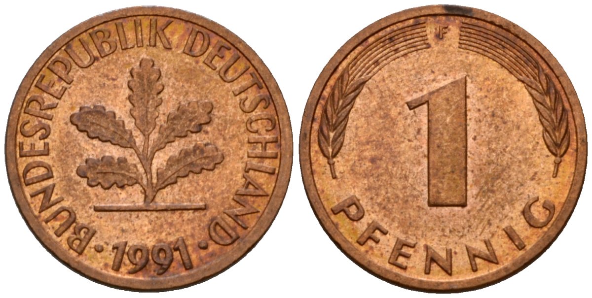ФРГ 1 пфенниг 1991 F KM 105, J.380 сталь плакированная медью 4602-812
