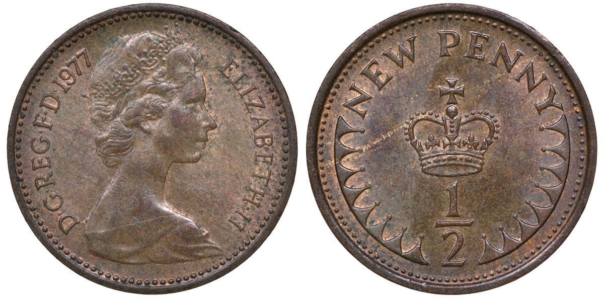 Великобритания 1/2 пенни 1977 Елизавета II (1952-2022) KM 914, Spink 4239 бронза 72-1637