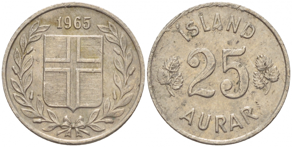 Исландия 25 эйре 1965 КМ 11 медно-никель 3309-313