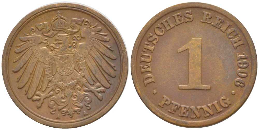ГЕРМАНИЯ 1 ПФЕННИГ 1906 A KM 10, J. 10, Weege 2 медь 211-339