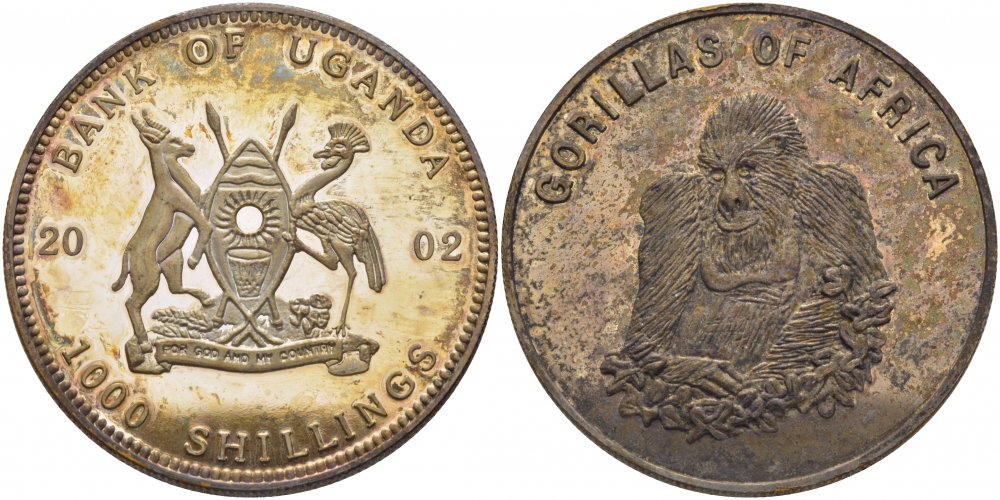 Уганда 1000 шиллингов 2002 гориллы Африки медно-никель, посеребренее PROOF 5010-123